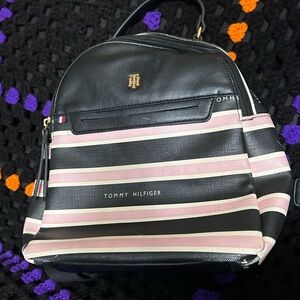 Tommy Hilfiger Black and Pink Striped Backpack